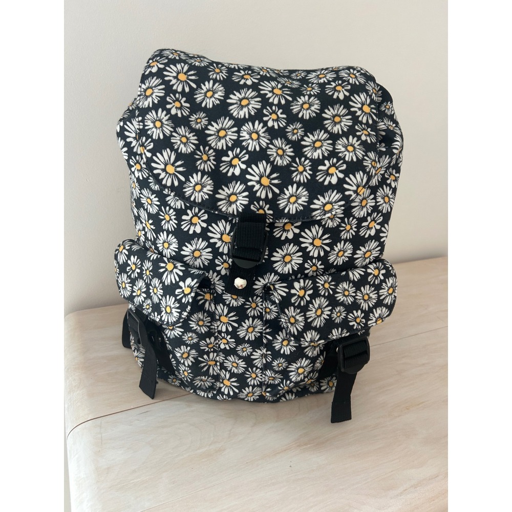 Art Class Daisy Floral Boho Backpack Black White Yellow Recycled Polyester Bag